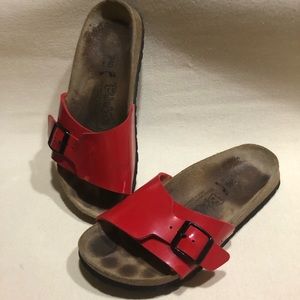 Birkis red patent slides